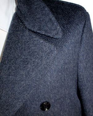 Kired Cashmere Coat Dark Blue Gray Herringbone Double Breasted Overcoat EU 50 / M