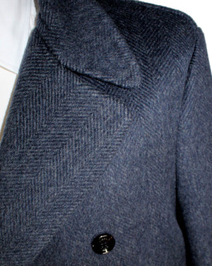 Kired Coat Dark Blue Gray Herringbone Double Breasted Overcoat EU 50 / M
