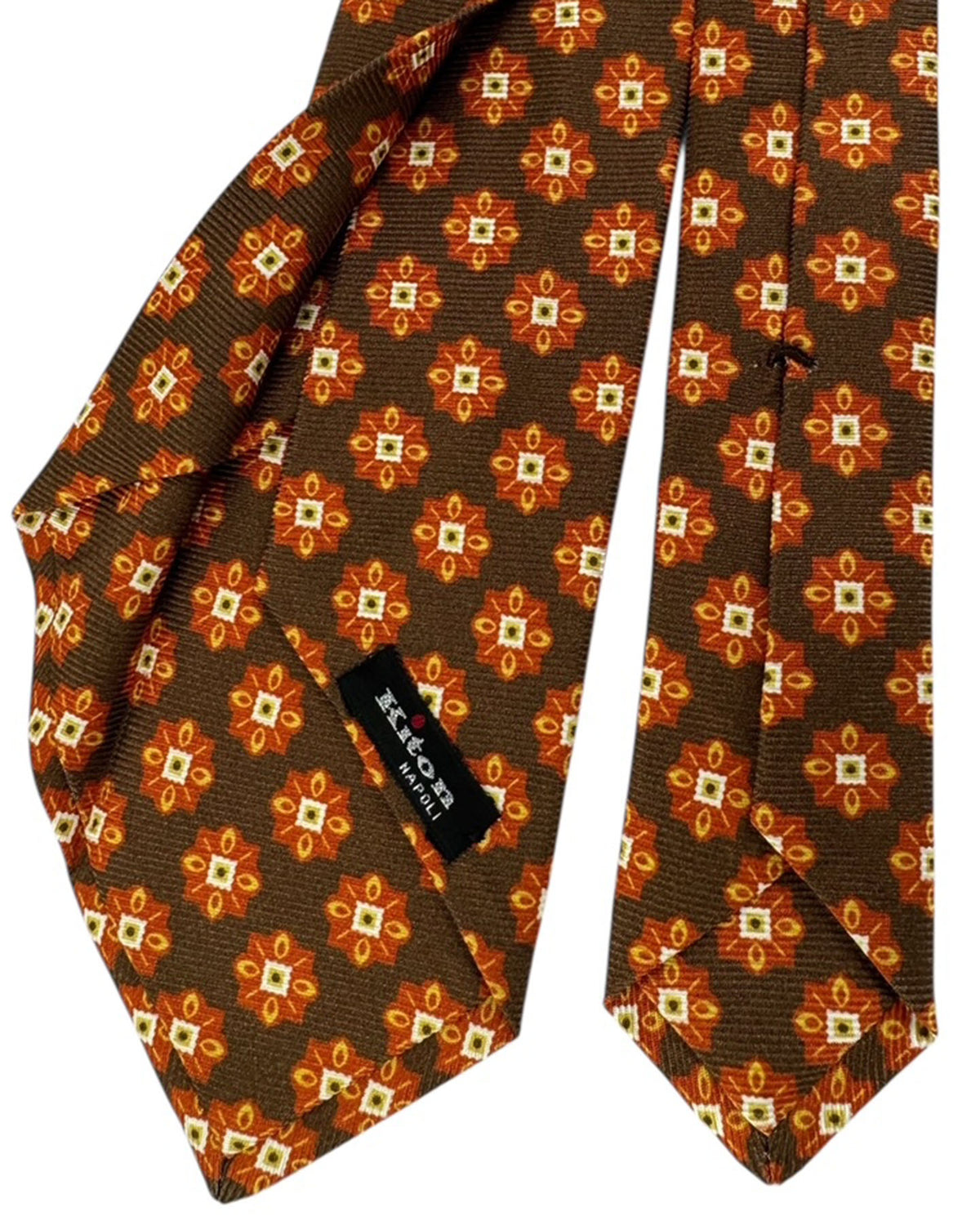 Kiton Sevenfold Tie Chocolate Brown with Orange Star Medallions