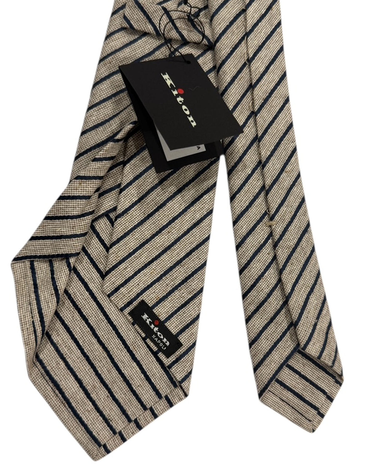 Kiton Sevenfold Tie Navy And Sand Textured Stripe