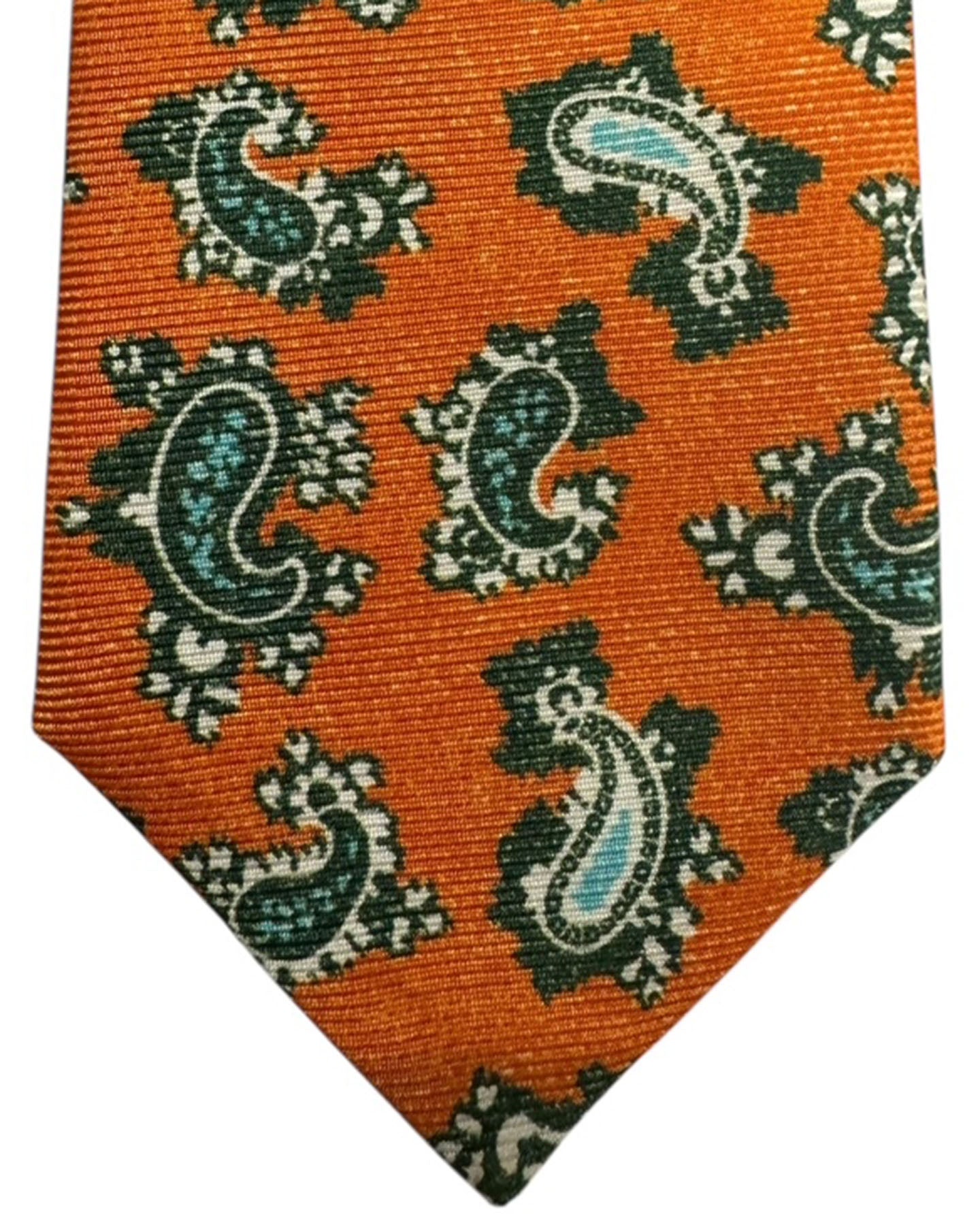 Kiton Sevenfold Tie Orange With Green Paisley Pattern