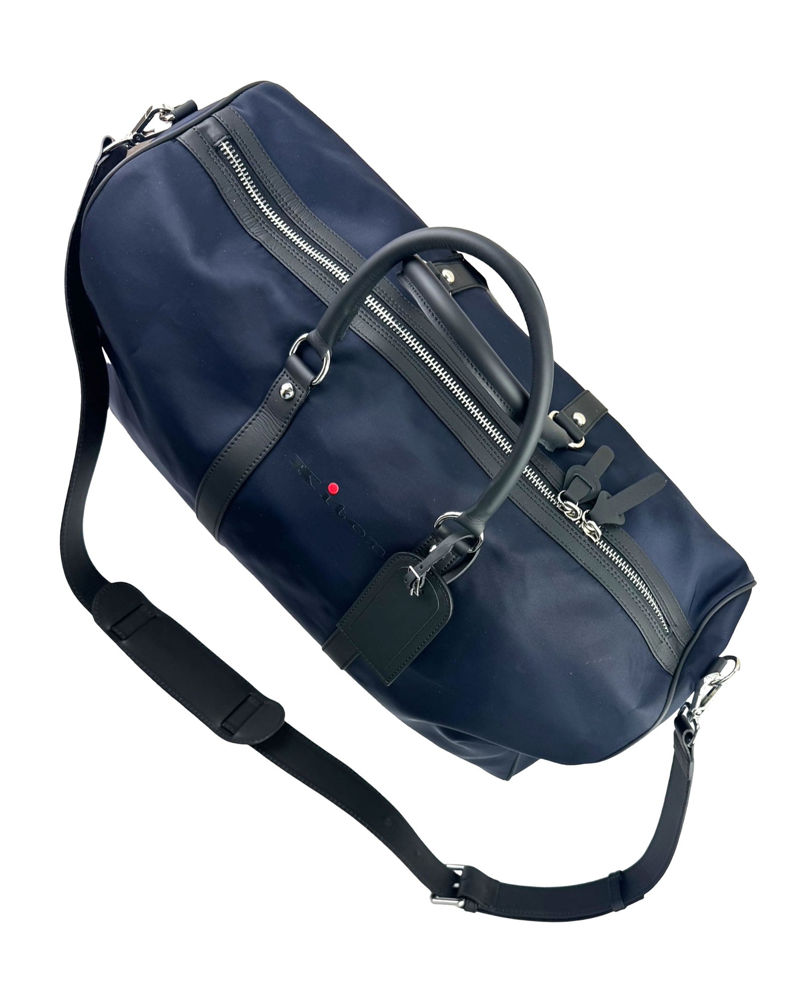 Kiton Travel Bag Dark Blue With Logo - Leather Trim Weekend Bag