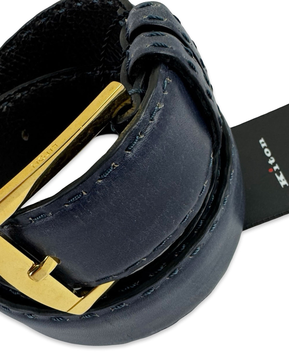 Kiton Belt Solid Dark Blue Leather Men Belt 85 / 34