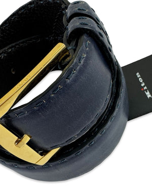 Kiton Belt Solid Dark Blue Leather Men Belt 85 / 34