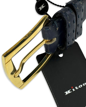 Kiton Belt Solid Dark Blue Leather Men Belt 