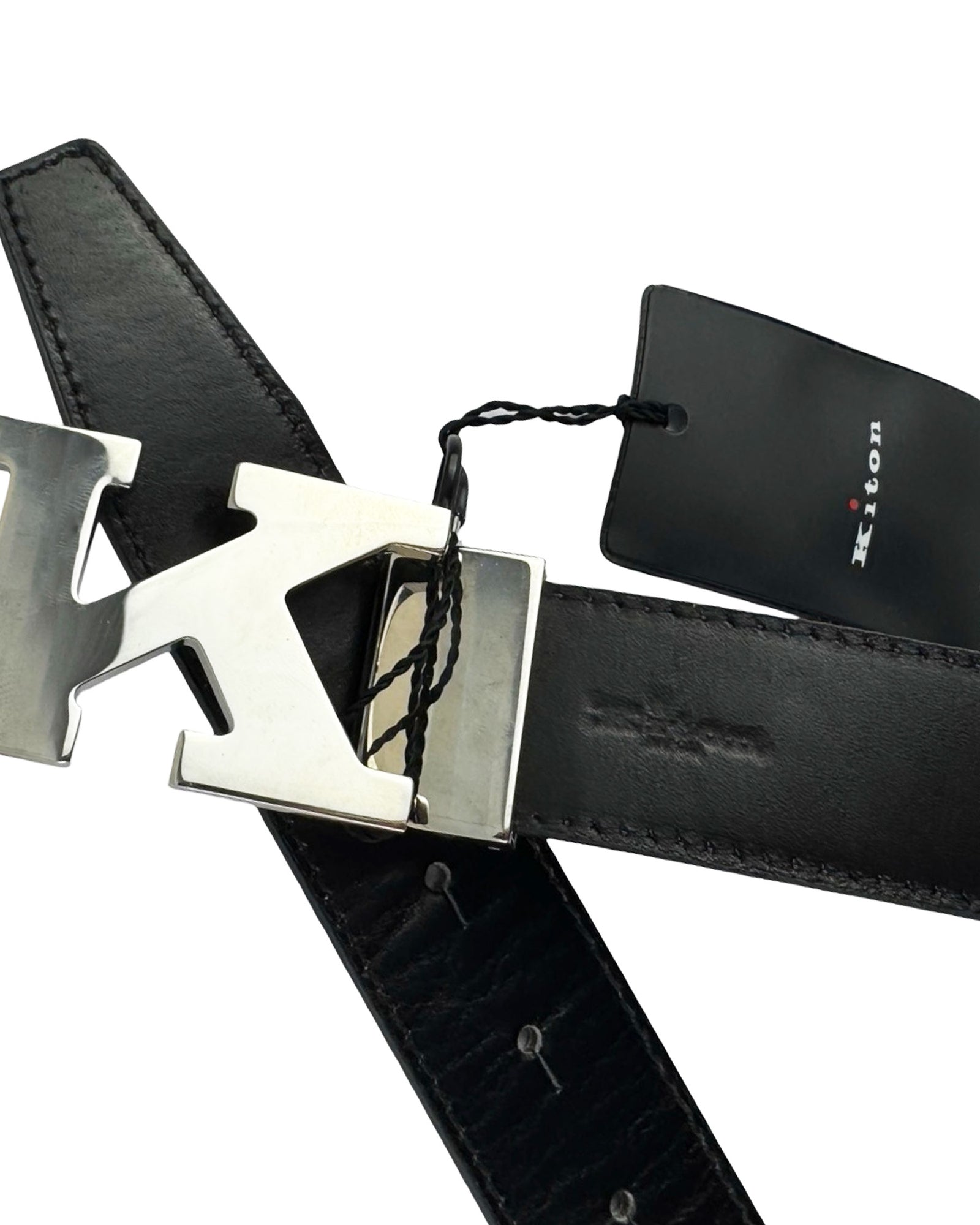 Kiton Belt Solid Black K Logo Leather Men Belt