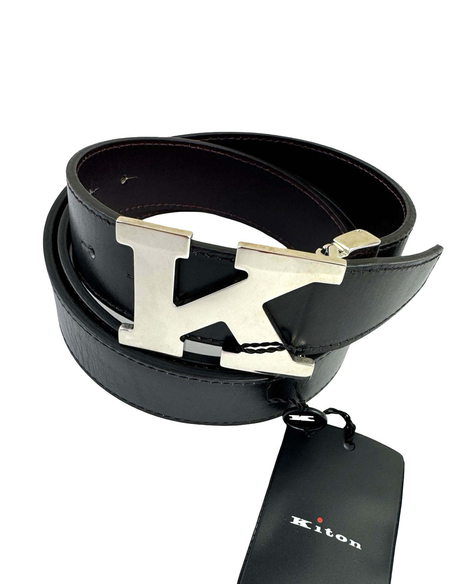 Kiton Belt Solid Black K Logo Leather Men Belt