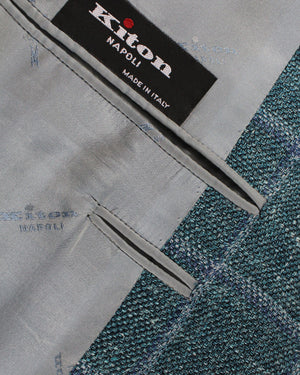 Kiton Sport Coat EU 54 / US 42 Cashmere Linen Silk Teal Blue Windowpane