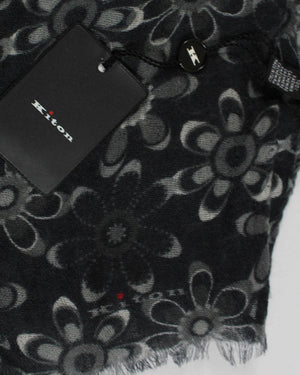Kiton Scarf Black Gray Flowers - Luxury Cashmere Shawl
