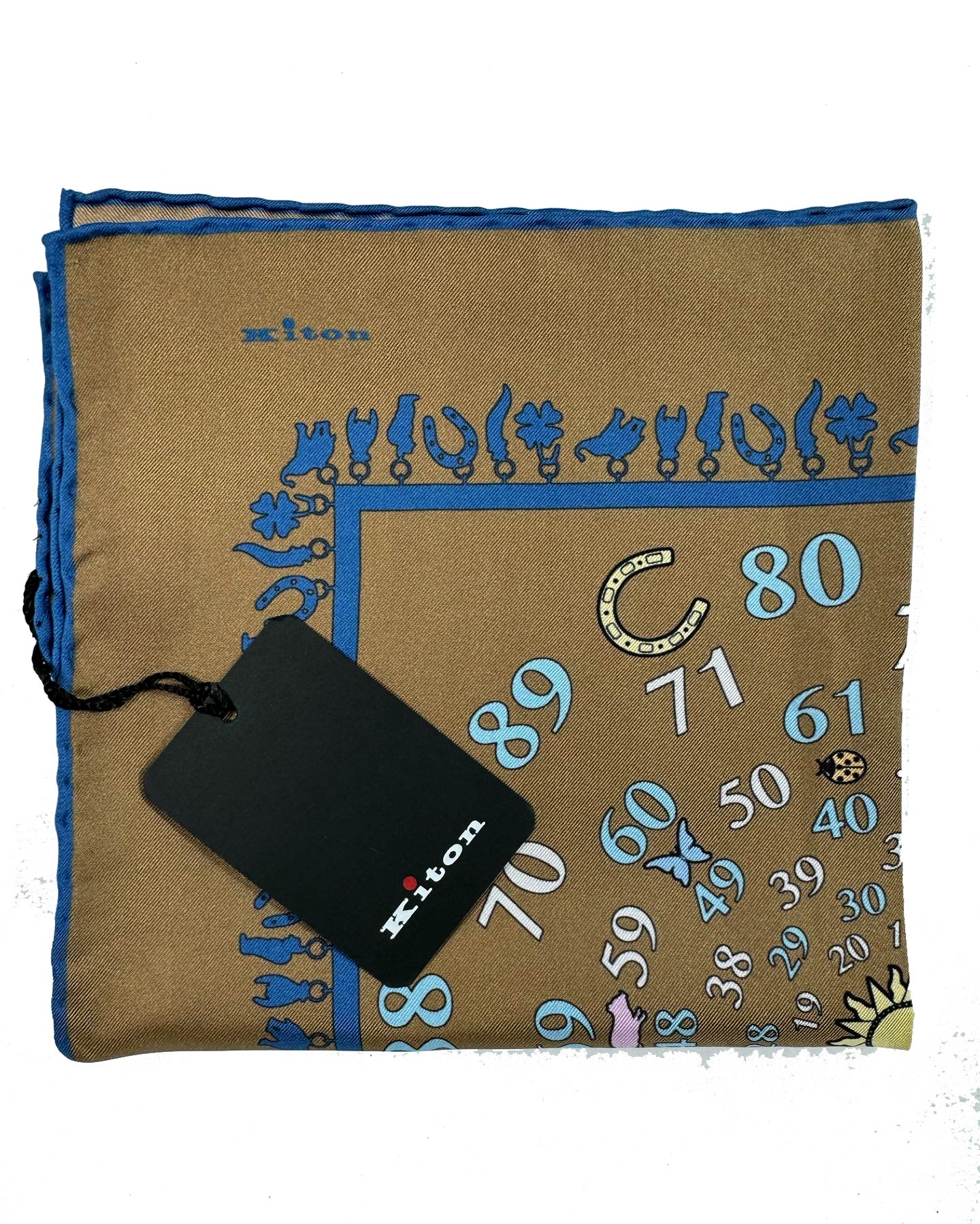 Kiton Silk Pocket Square Brown Charm & Numbers Design