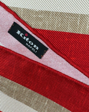 Kiton Silk Pocket Square Red Beige Stripes SALE