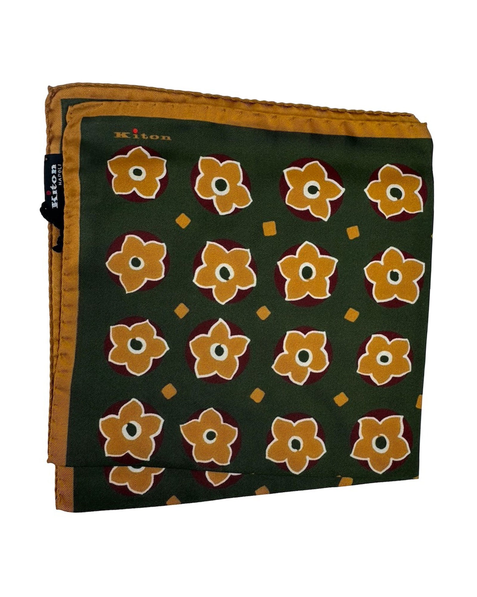 Kiton Silk Pocket Square Olive Green Brown Flowers
