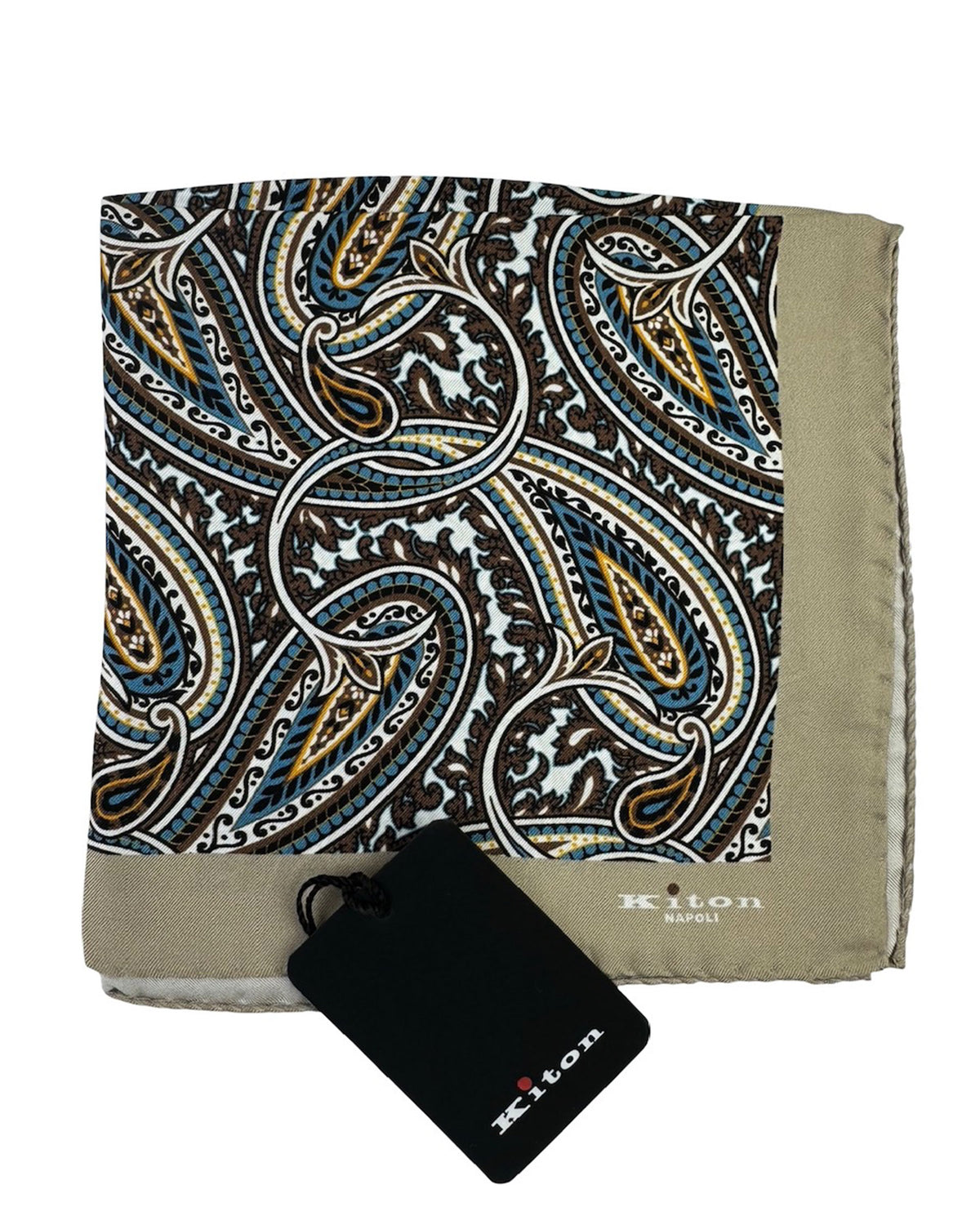 Kiton Silk Pocket Square Beige Brown Paisley