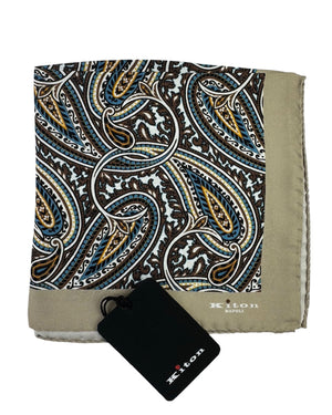 Kiton Silk Pocket Square Beige Brown Paisley
