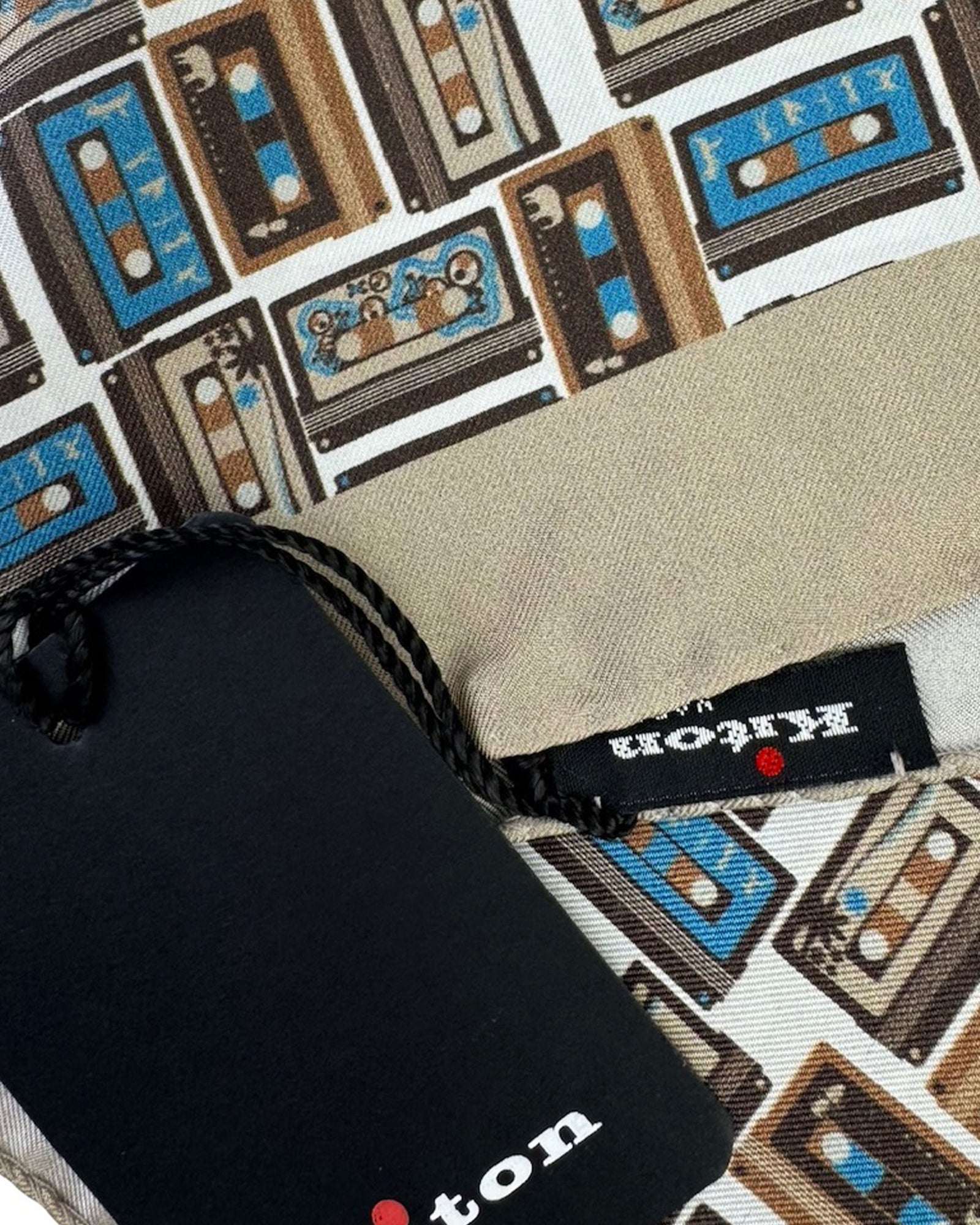 Kiton Silk Pocket Square Beige Brown Blue Cassette Tape Novelty Design
