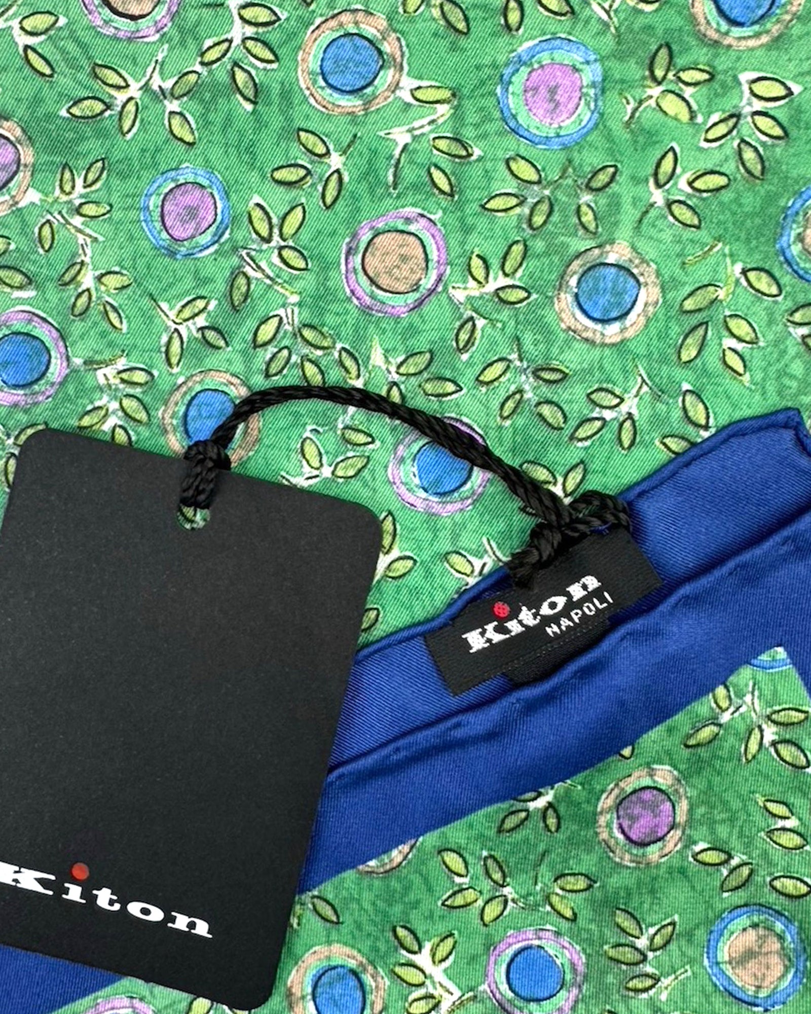 Kiton Silk Pocket Square Green Floral