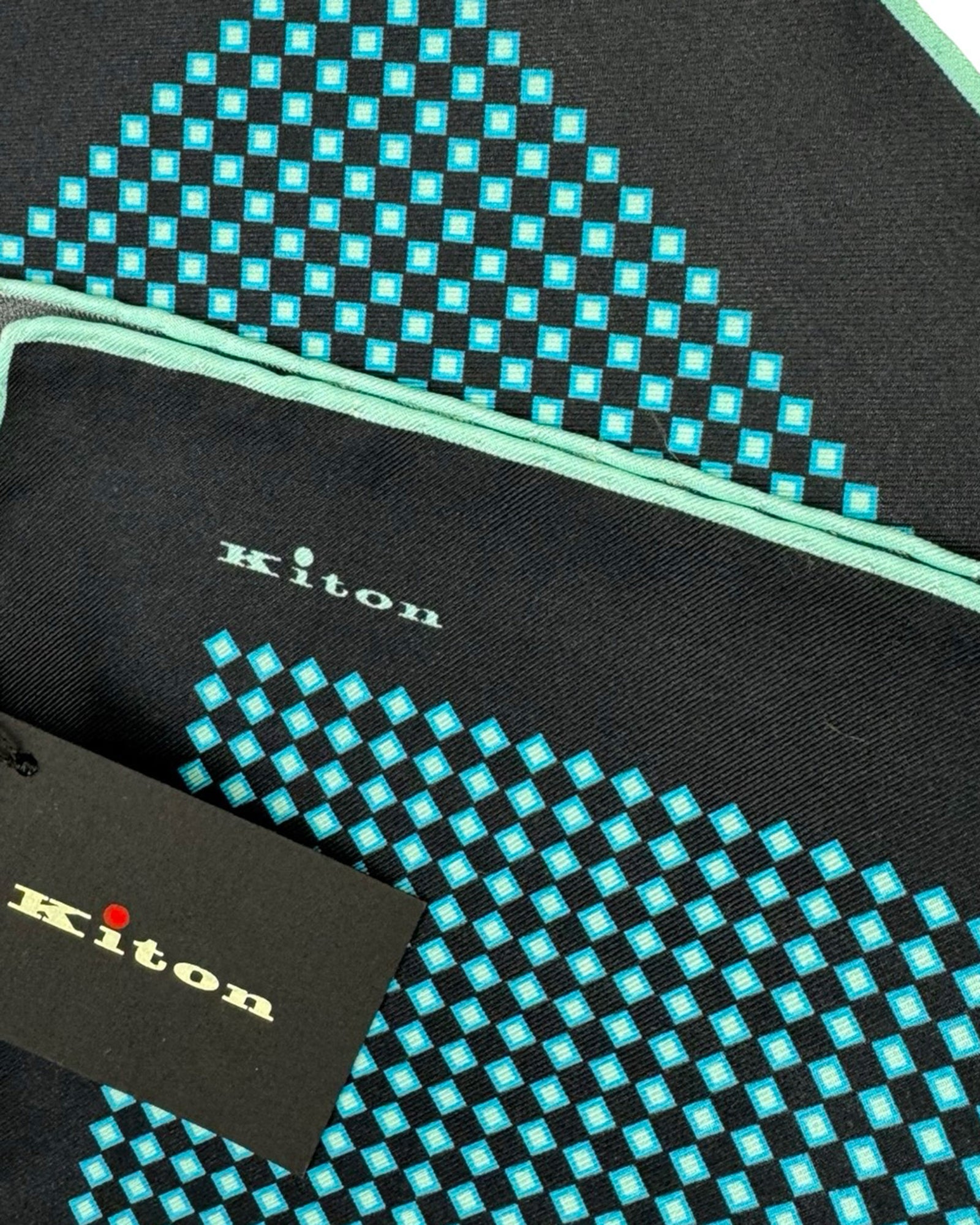 Kiton Silk Pocket Square Black Aqua Geometric Design