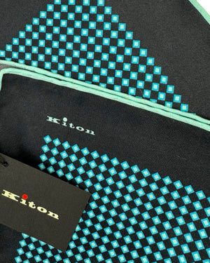 Kiton Silk Pocket Square Black Aqua Geometric Design