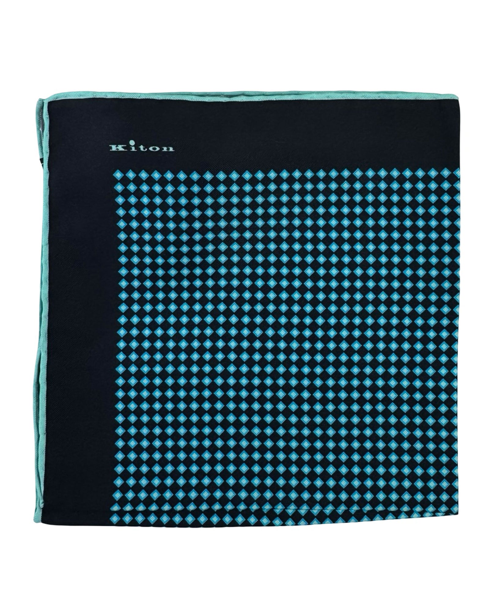 Kiton Silk Pocket Square Black Aqua Geometric Design