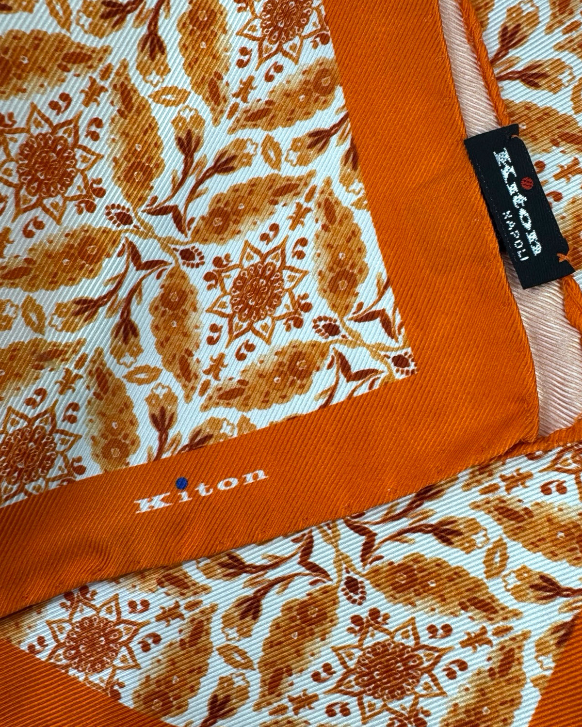 Kiton Silk Pocket Square Orange White Floral