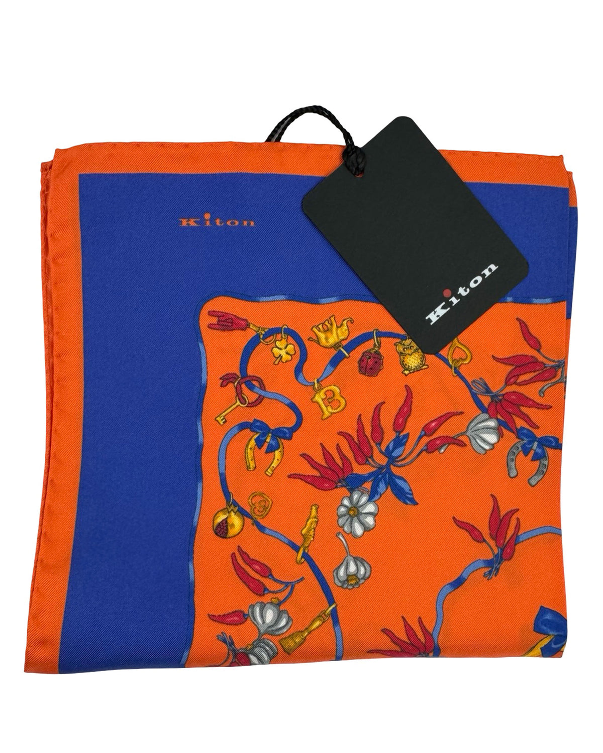 Kiton Silk Pocket Square Orange Royal Blue Design