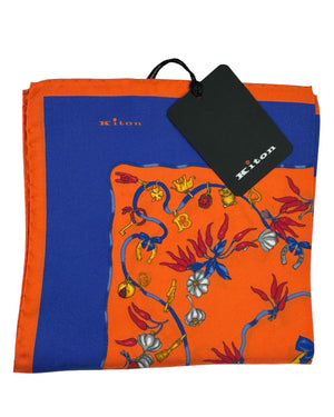 Kiton Silk Pocket Square Orange Royal Blue Design
