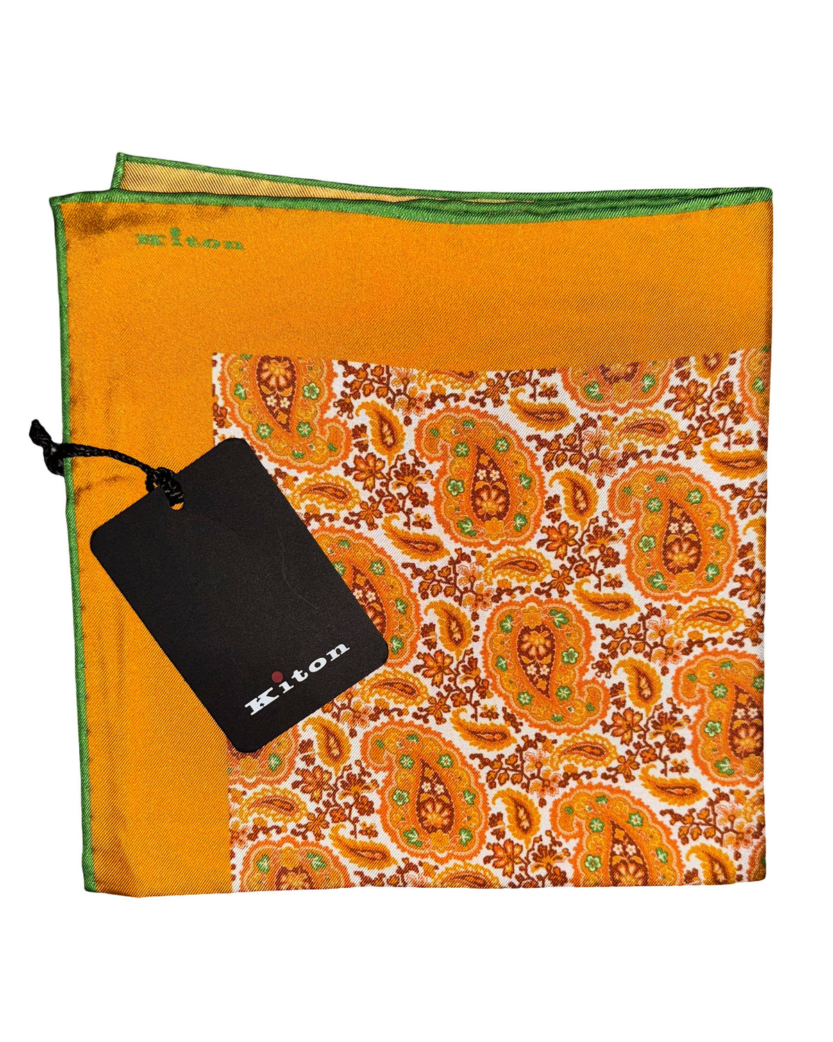 Kiton Silk Pocket Square Orange Paisley
