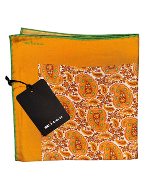 Kiton Silk Pocket Square Orange Paisley