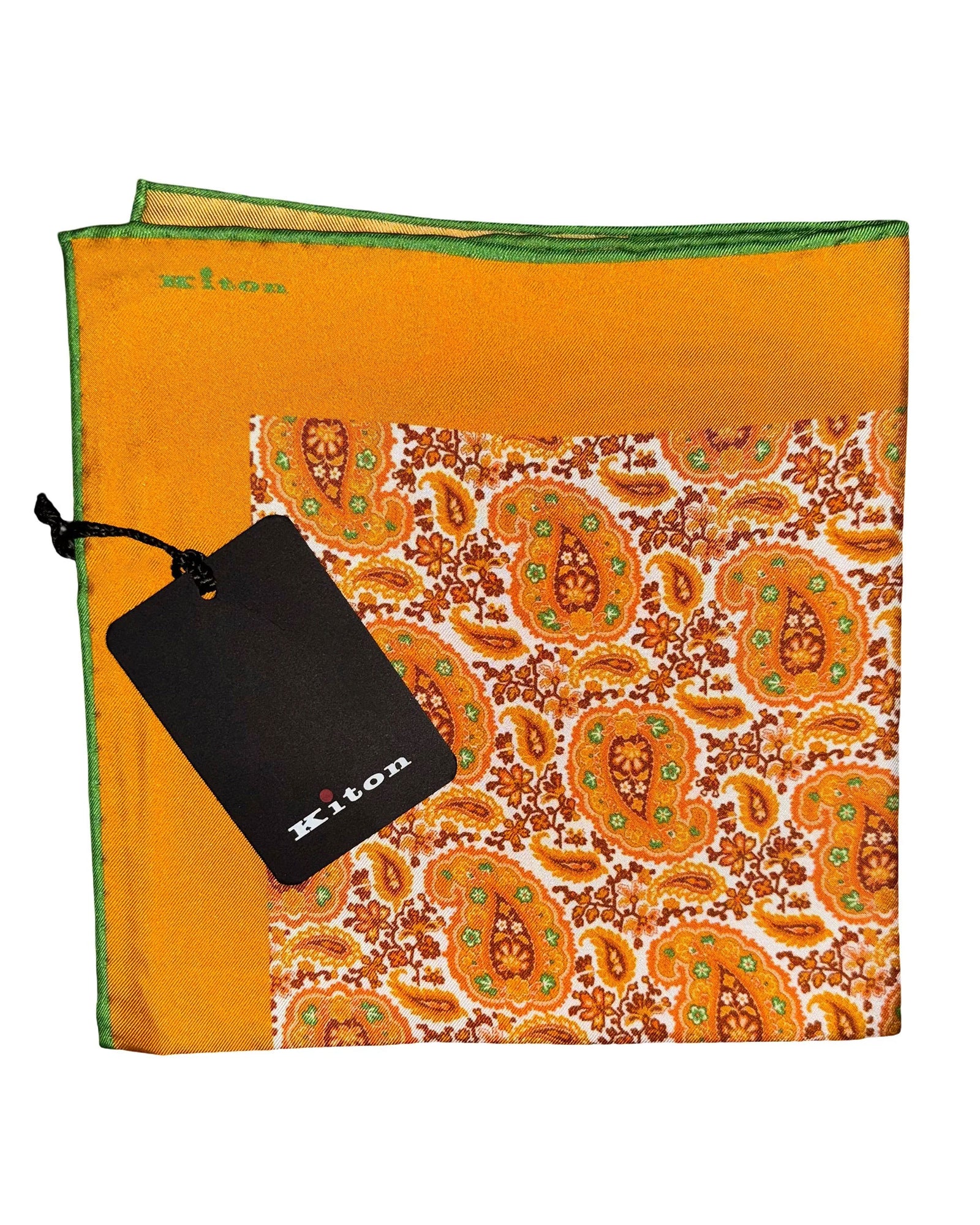 Kiton Silk Pocket Square Orange Paisley