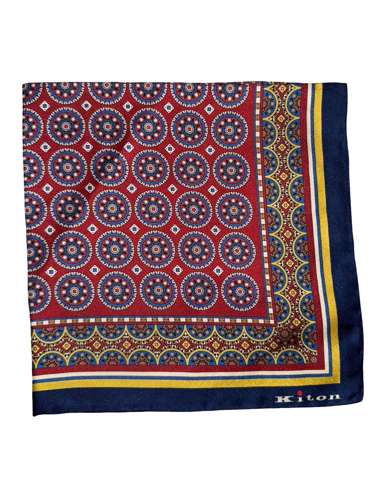 Kiton Silk Pocket Square Bordeaux Navy Medallion