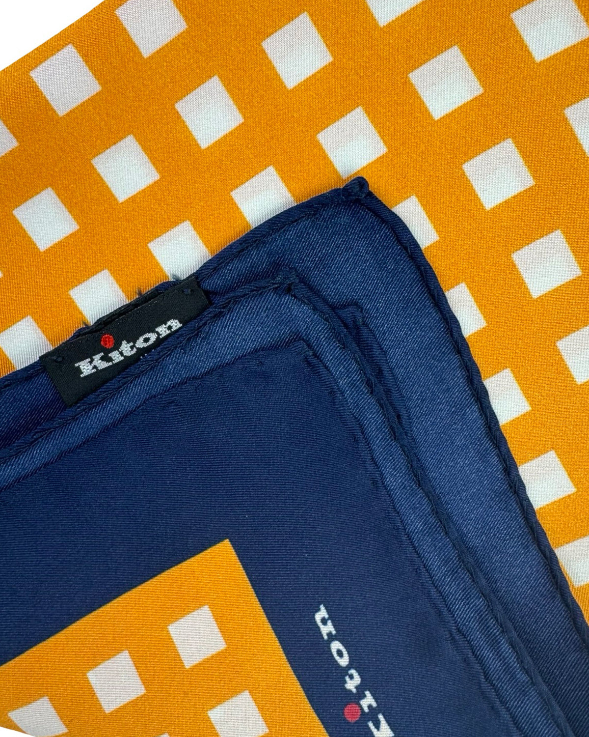 Kiton Silk Pocket Square Orange Royal Blue Check