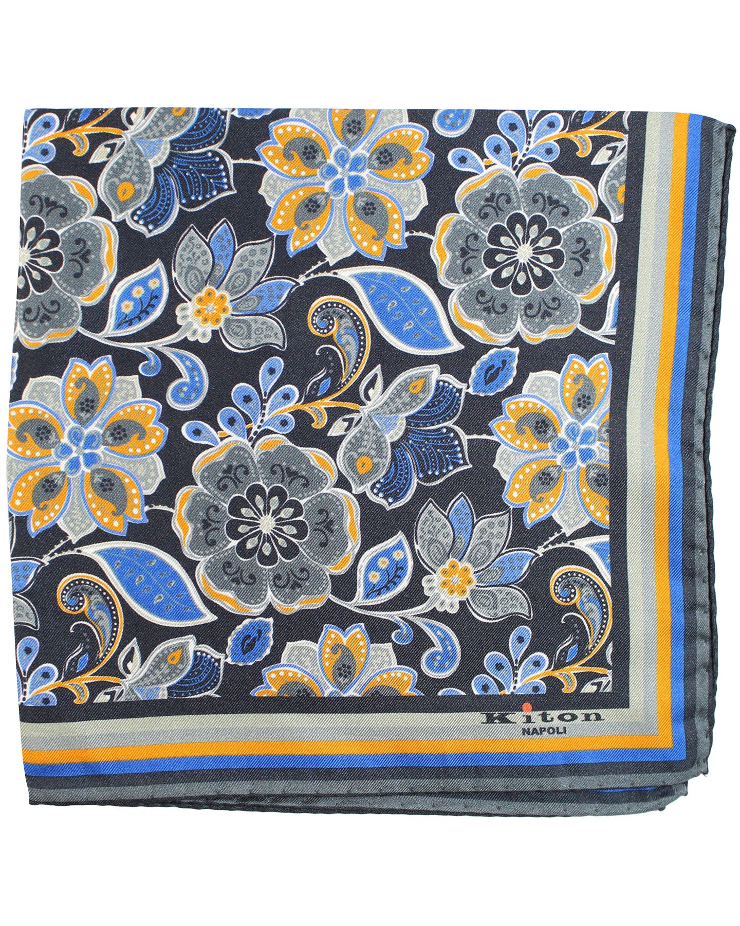 Kiton Silk Pocket Square Gray Blue Orange Floral