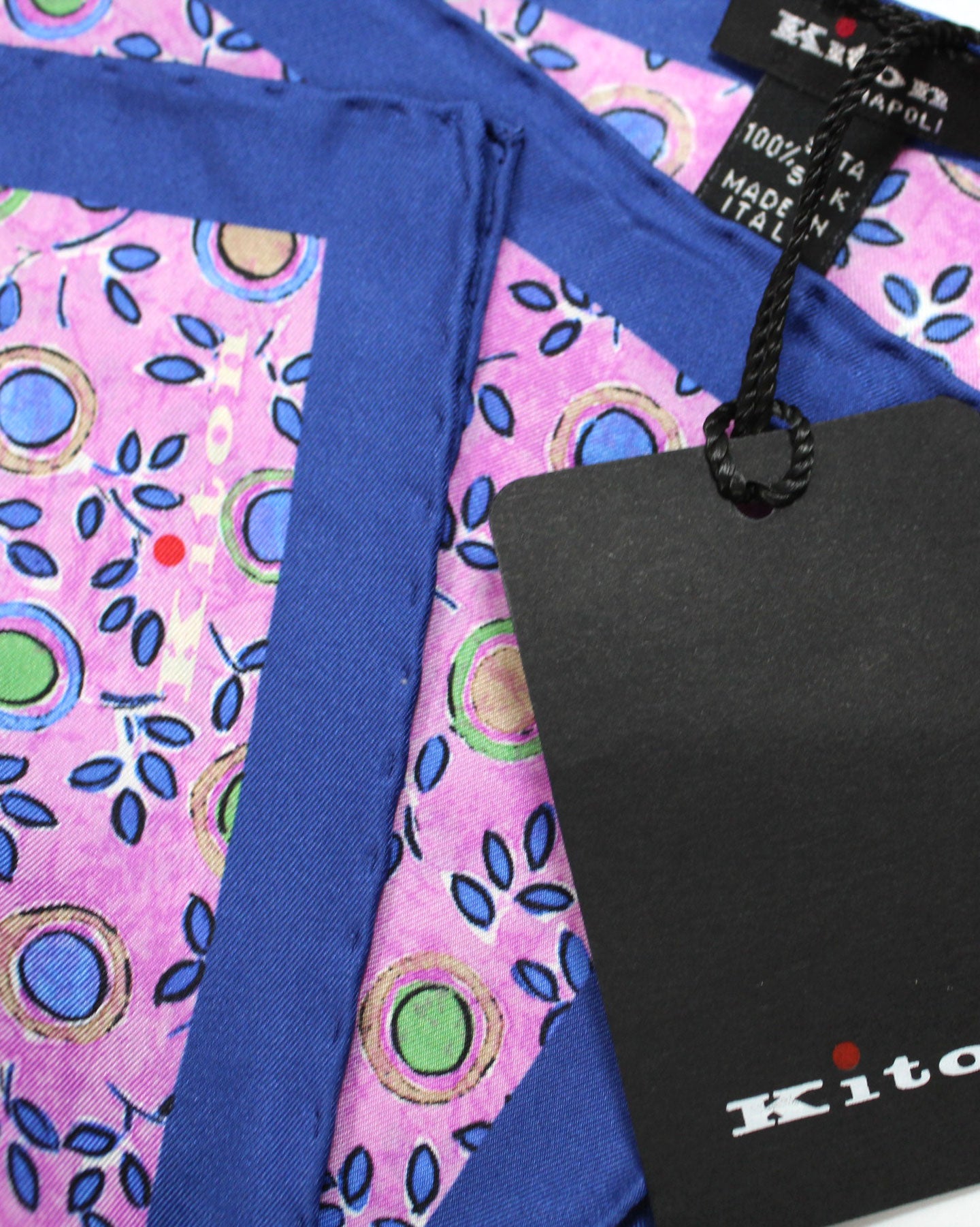 Kiton Silk Pocket Square Navy Pink Leaves