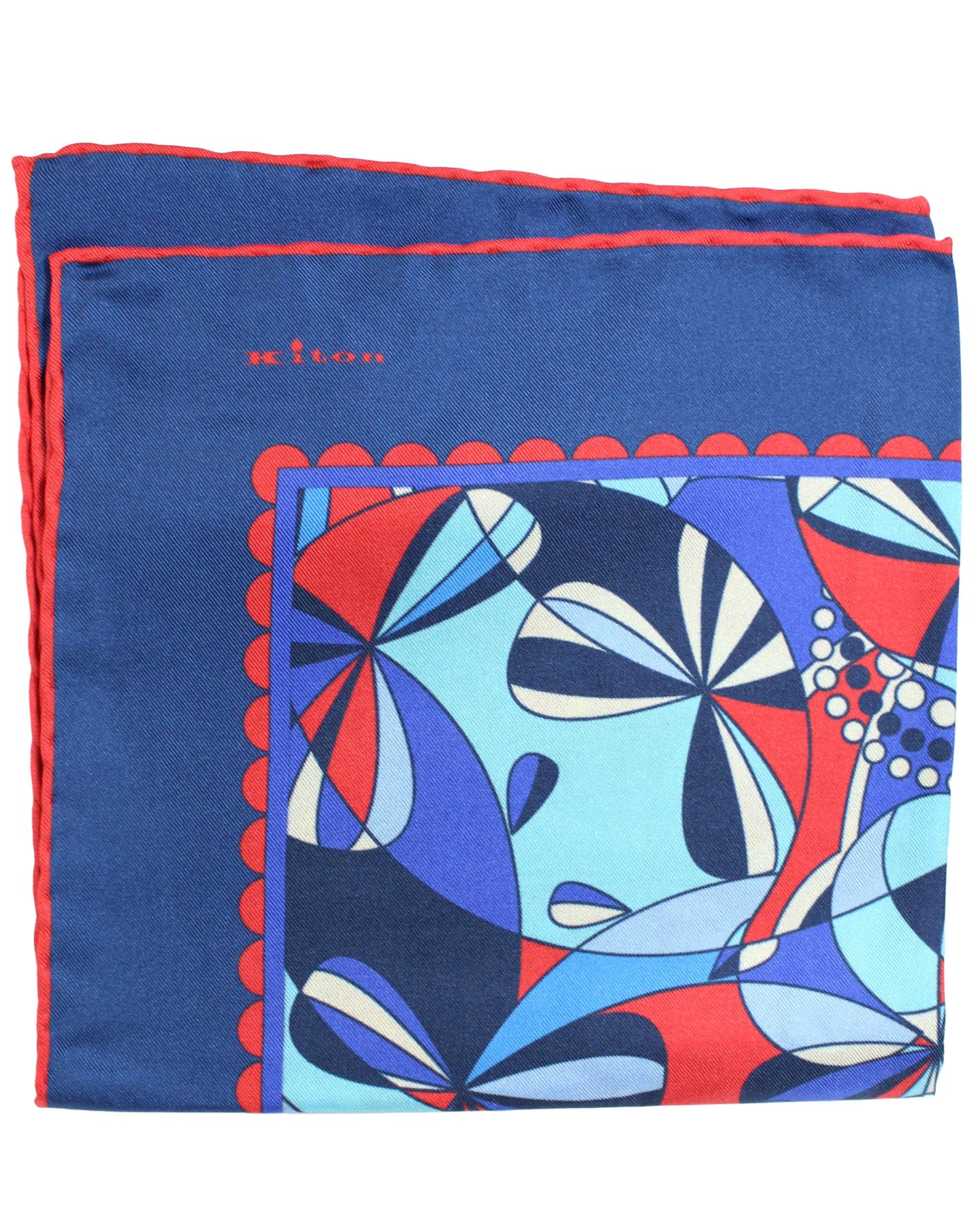 Kiton Silk Pocket Square Dark Blue Red Geometric