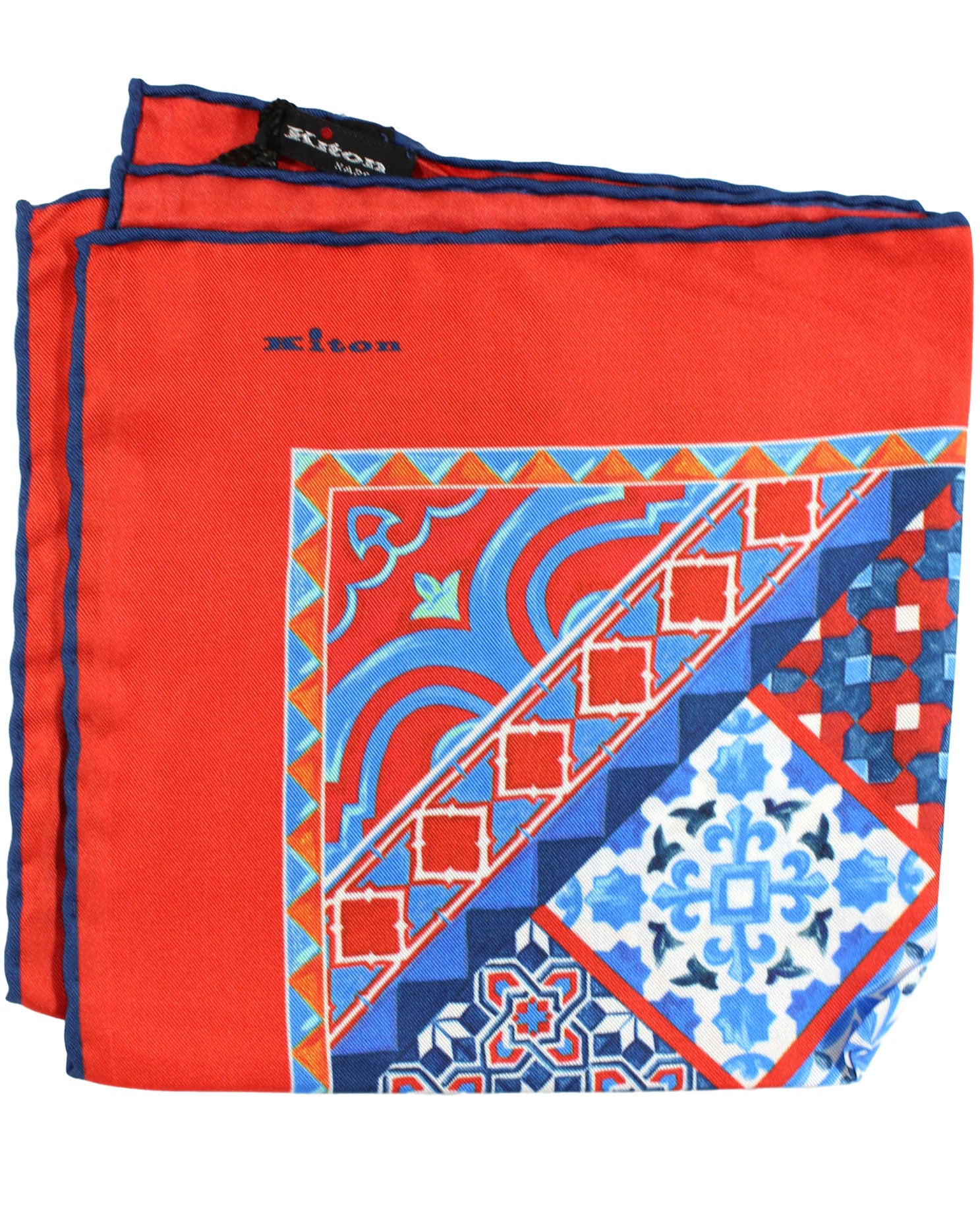 Copy of Kiton Silk Pocket Square Orange Blue Ornamental