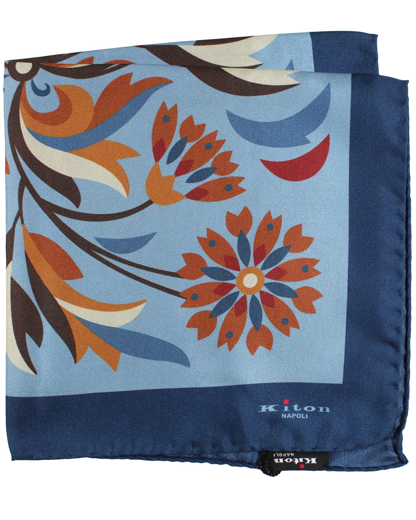 Kiton Silk Pocket Square Midnight Blue Brown Floral