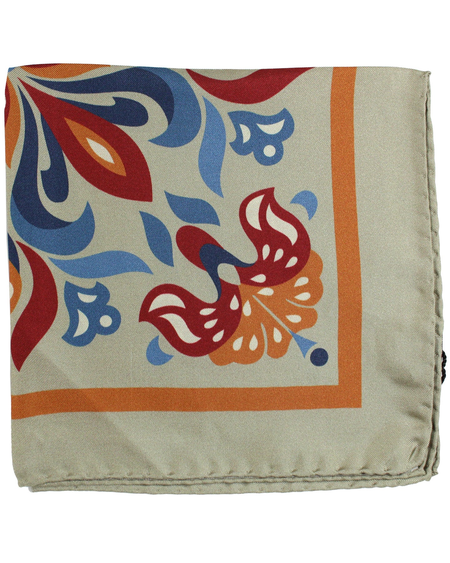 Kiton Silk Pocket Square Taupe Gray Orange Blue Ornamental