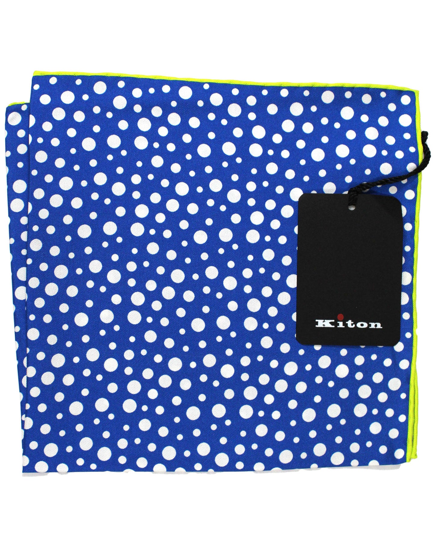 Kiton Silk Pocket Square Royal Blue Lime Dots
