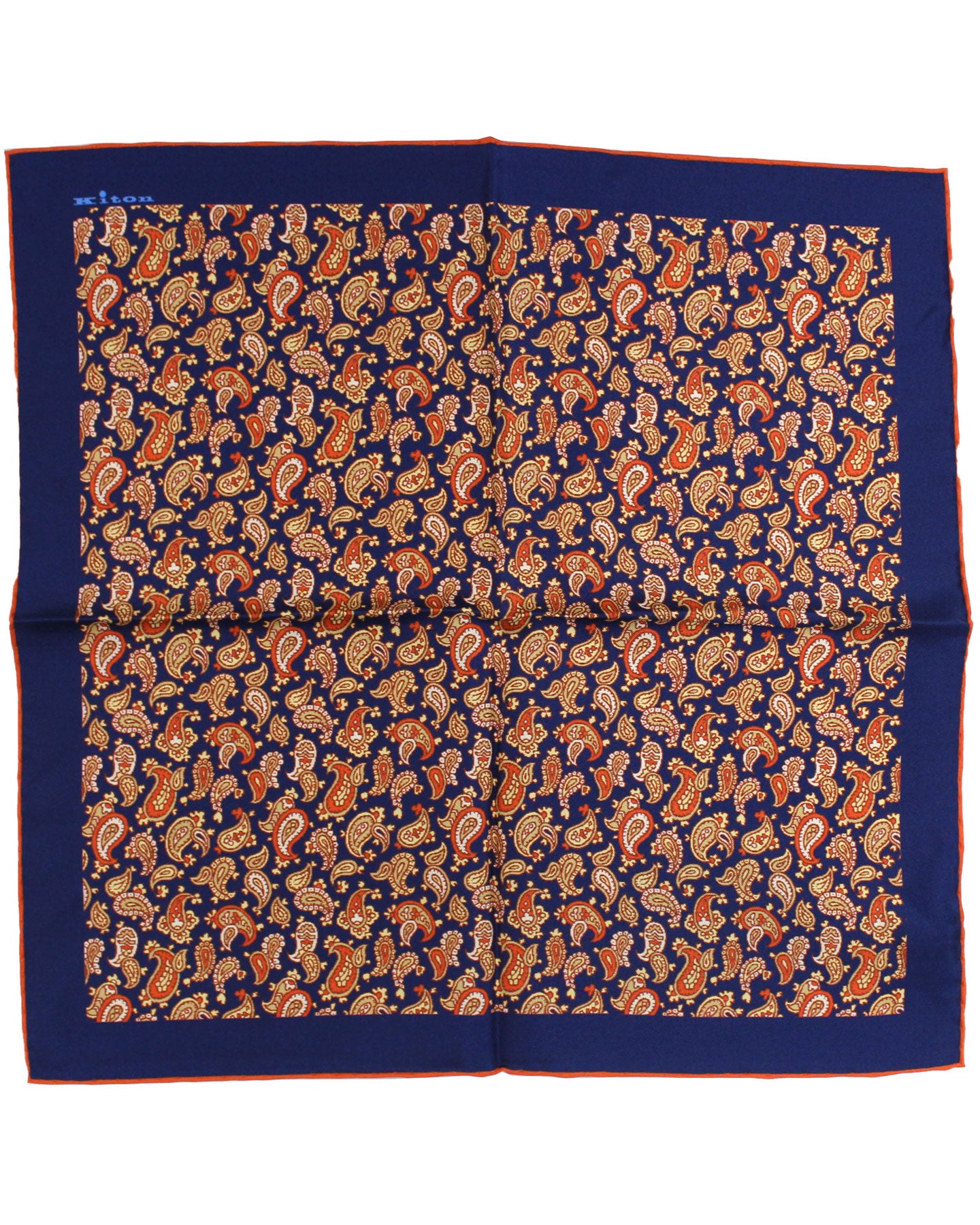 Kiton Silk Pocket Square Dark Blue Rust Orange Paisley