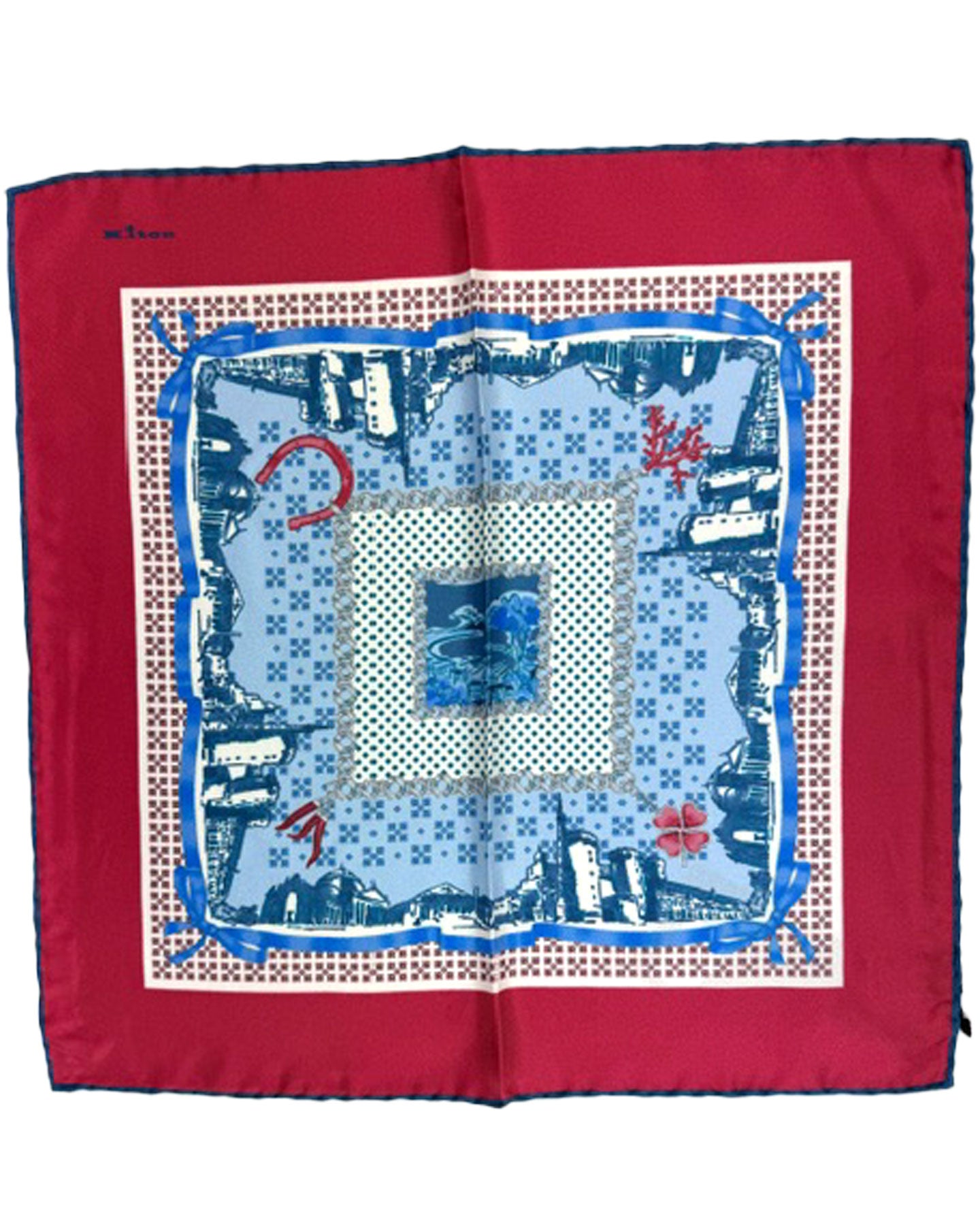 Kiton Silk Pocket Square Red Blue Design