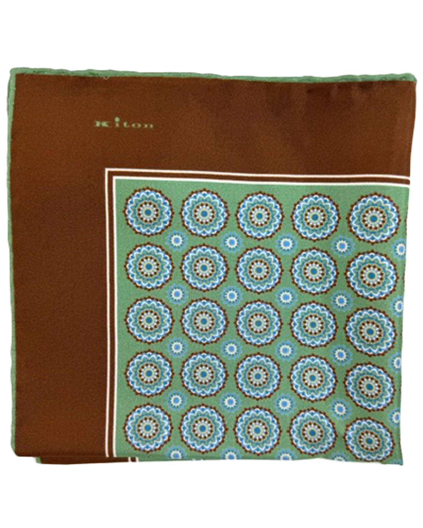 Kiton Silk Pocket Square Green Brown Medallions