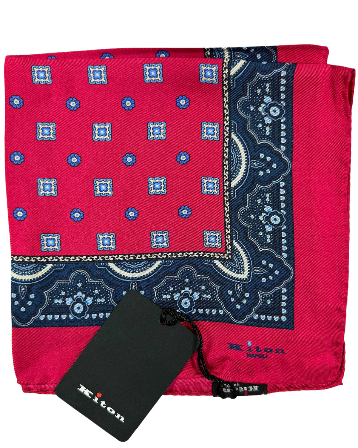 Kiton Silk Pocket Square Red Blue Medallions