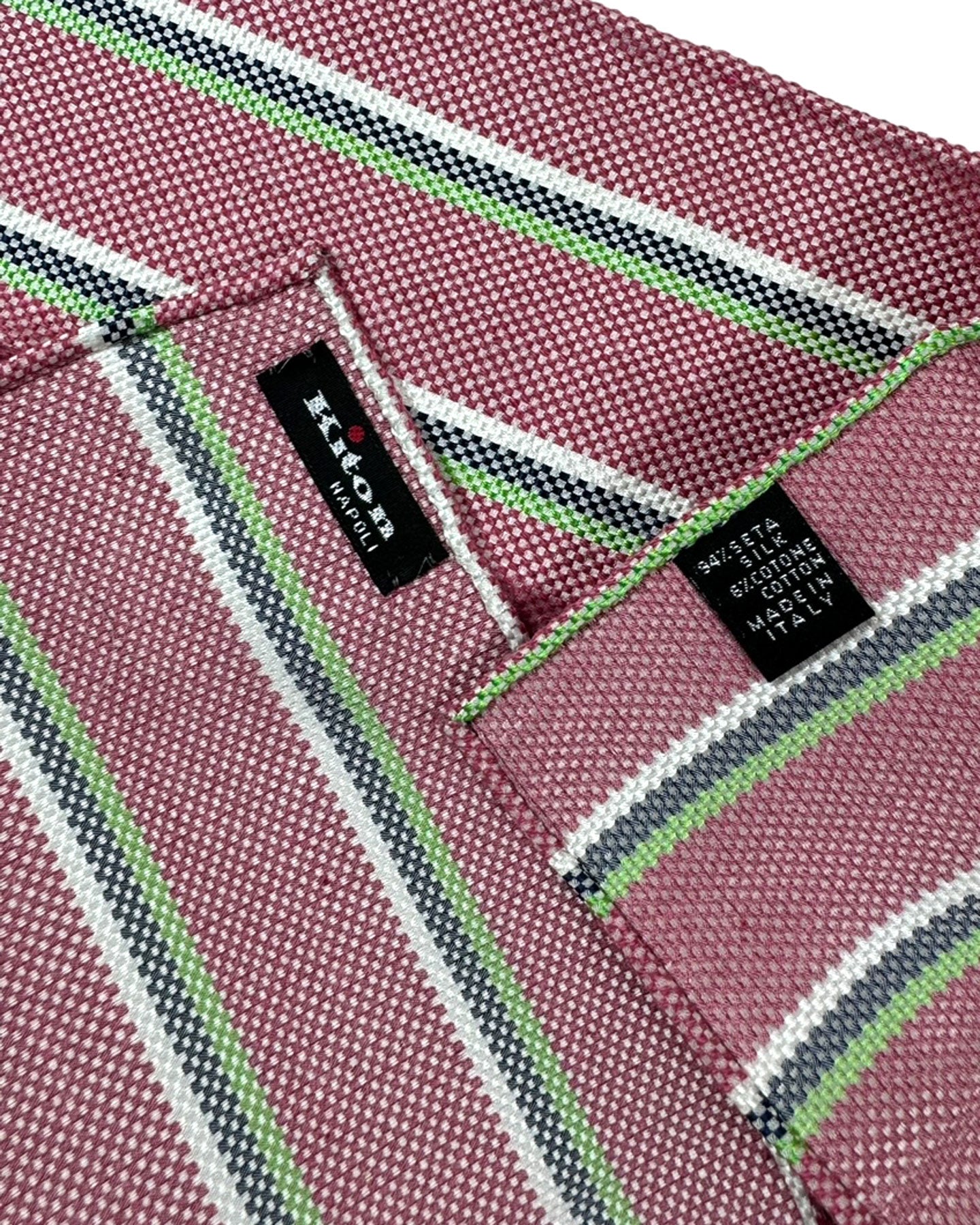 Kiton Silk Cotton Pocket Square Pink Green Stripes