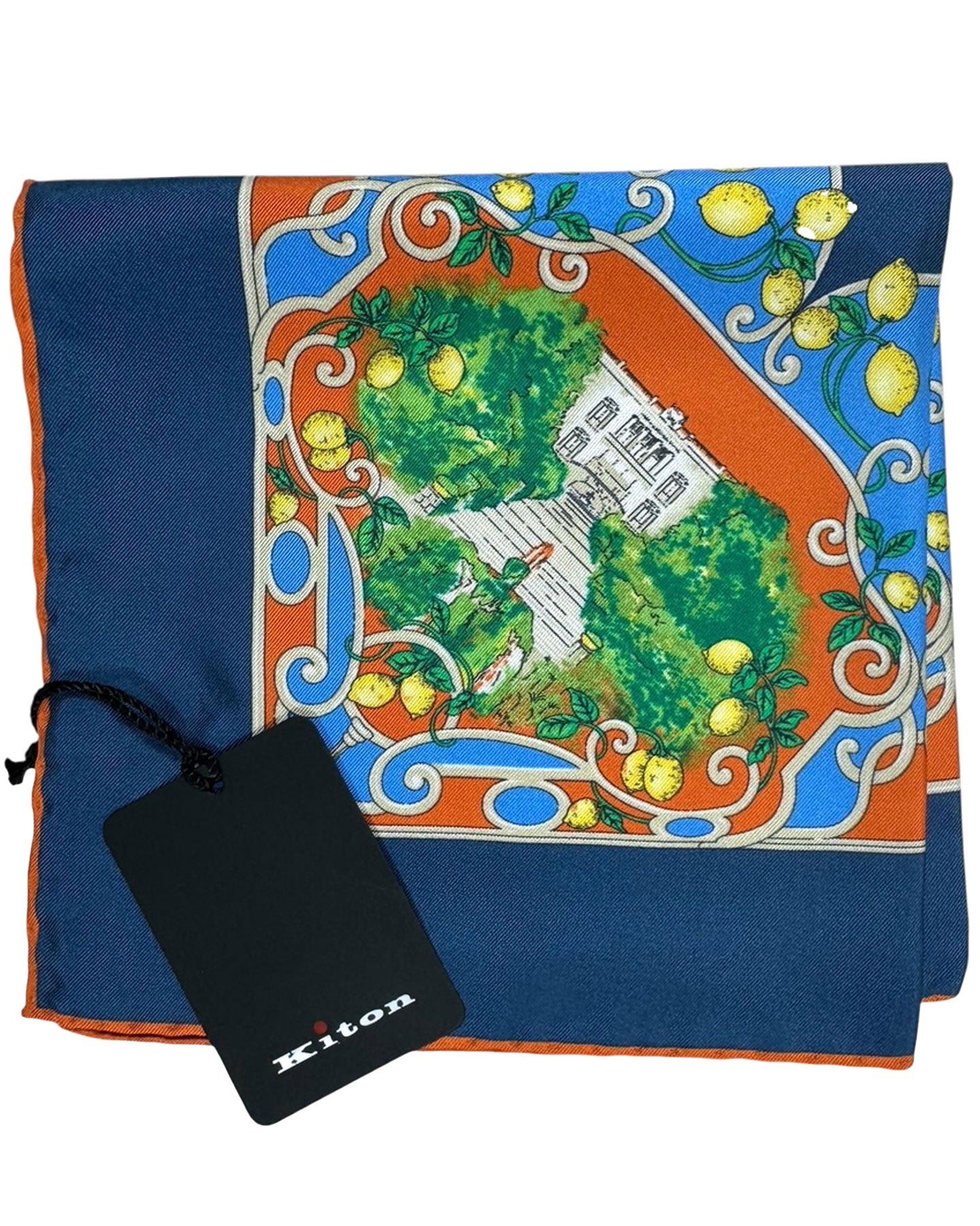 Kiton Silk Pocket Square Navy Blue Orange Garden