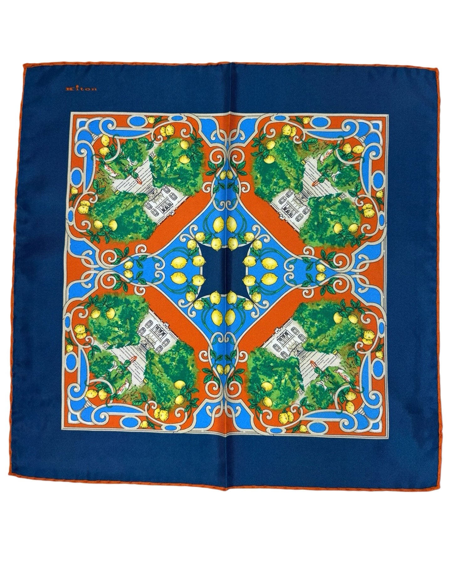 Kiton Silk Pocket Square Navy Blue Orange Garden