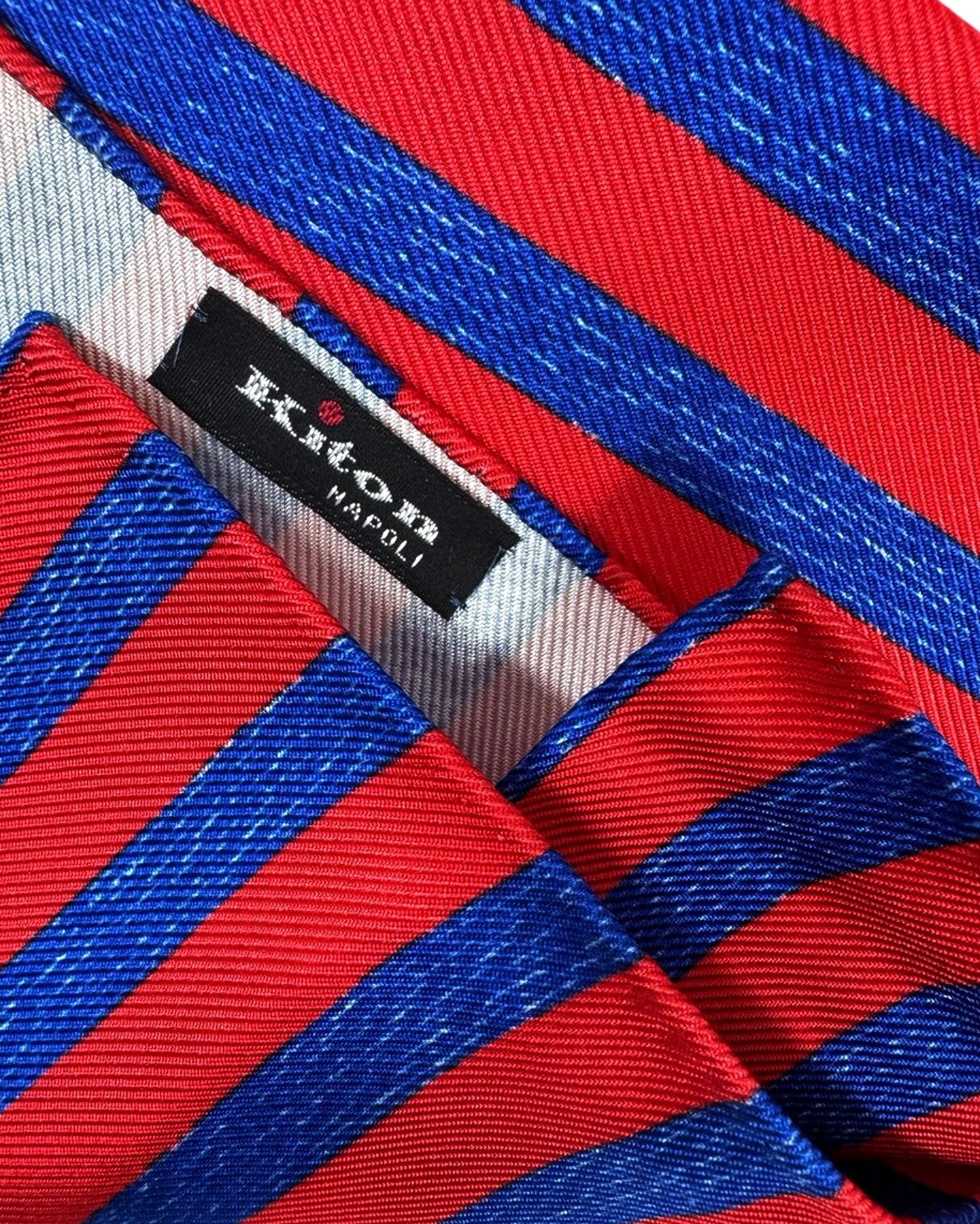 Kiton Silk Pocket Square Navy Red Stripes