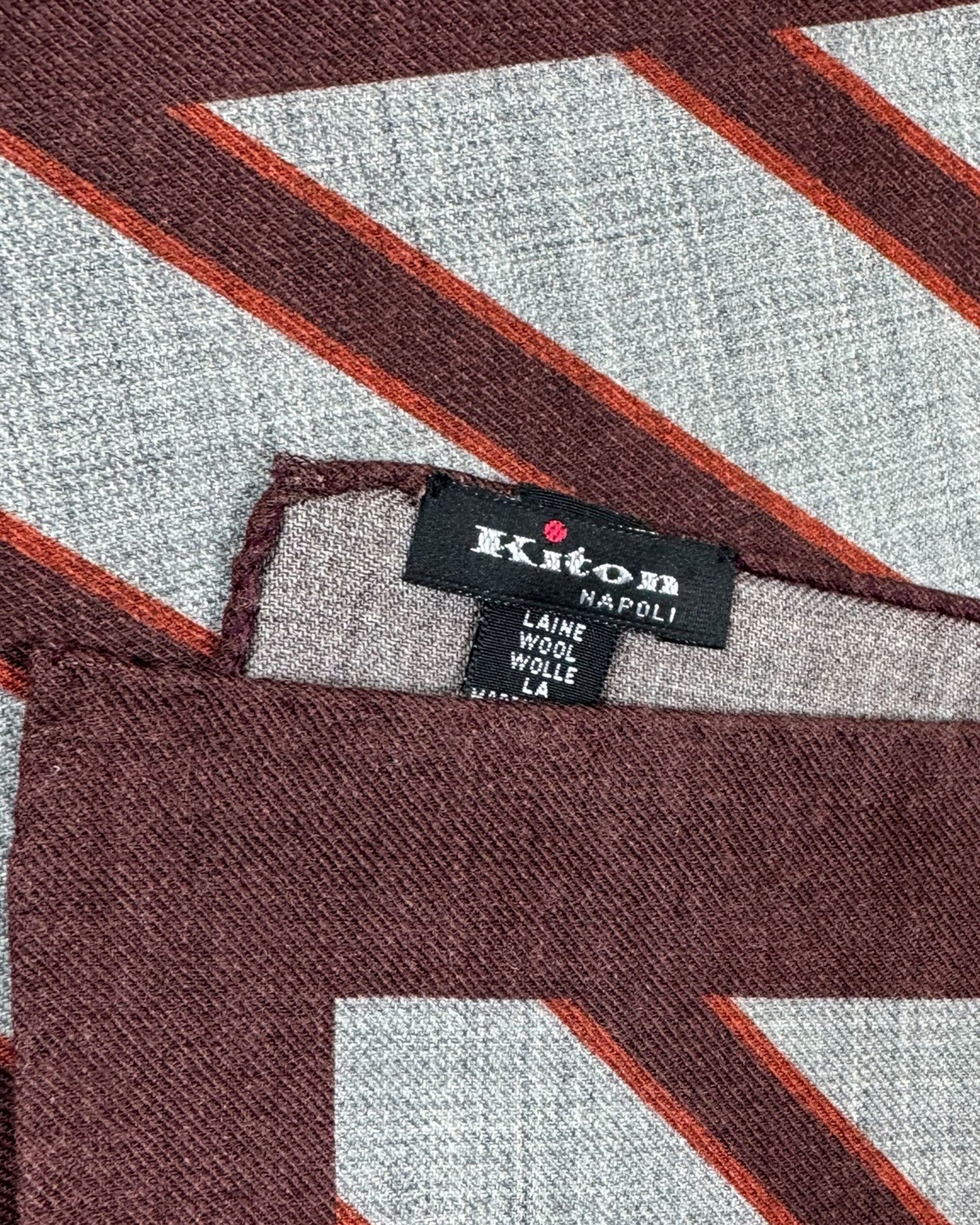 Kiton Wool Pocket Square Gray Maroon Stripes SALE