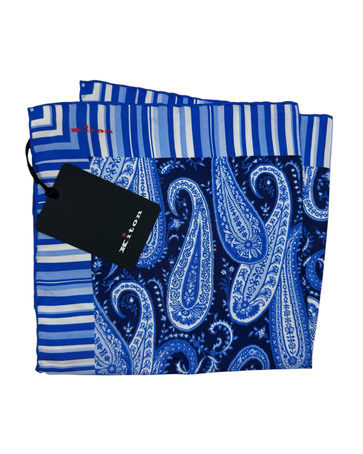 Kiton Pocket Square Navy Blue White Paisley New