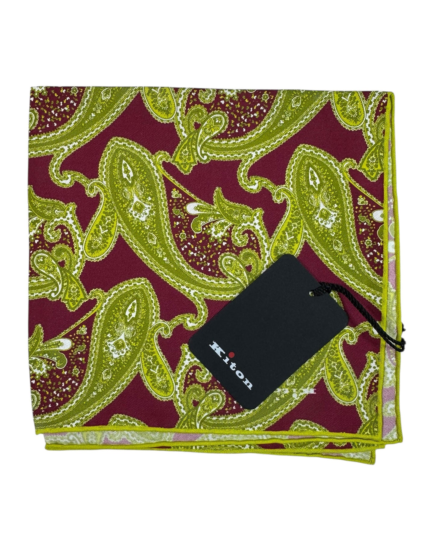 Kiton Silk Pocket Square Olive Maroon Paisley