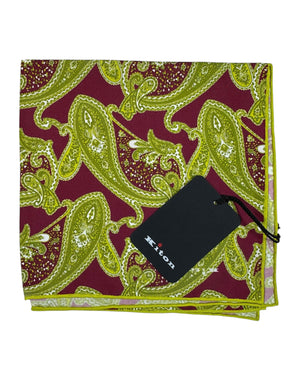 Kiton Silk Pocket Square Olive Maroon Paisley